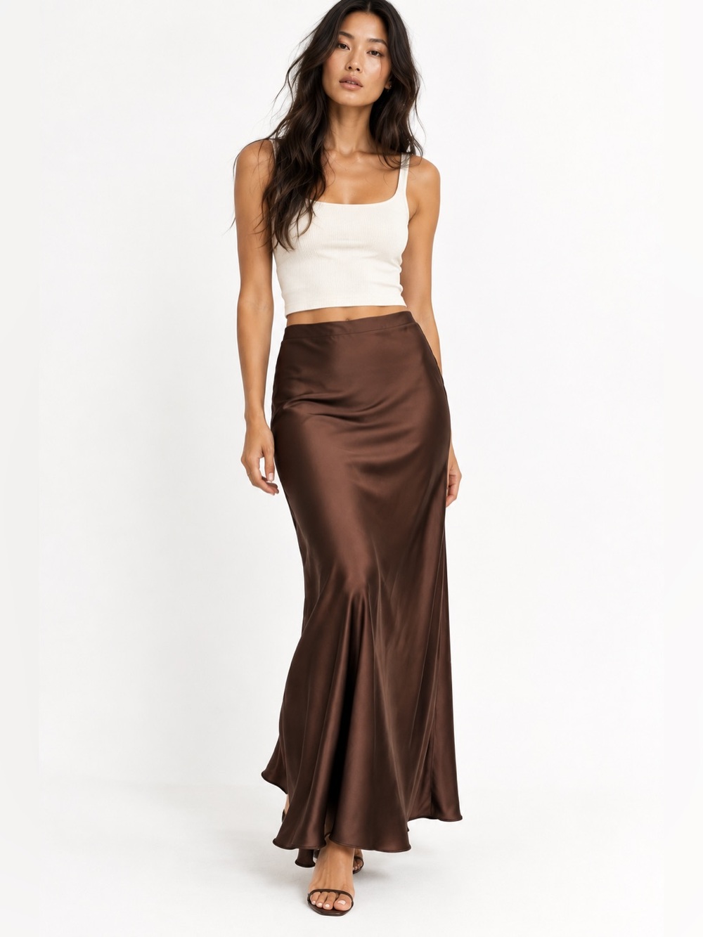 NWT ZARA Chocolate Brown Satin Midi skirt Small